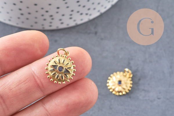 Pendentif médaille soleil oeil émail laiton doré 18K et cristal zircon,pendentif laiton chance pour création bijoux,17mm,x1 (G5287)