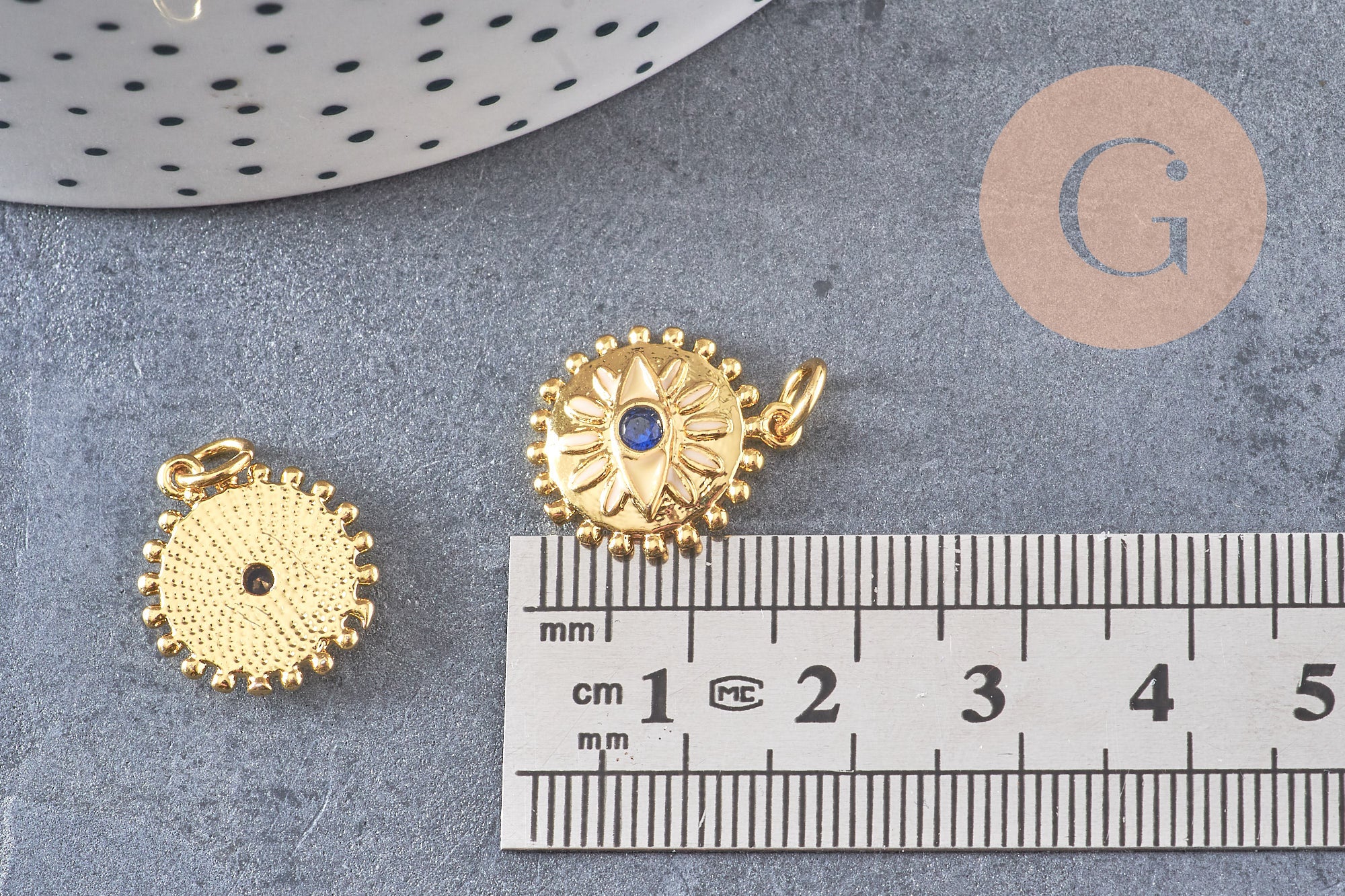 Pendentif médaille soleil oeil émail laiton doré 18K et cristal zircon,pendentif laiton chance pour création bijoux,17mm,x1 (G5287)