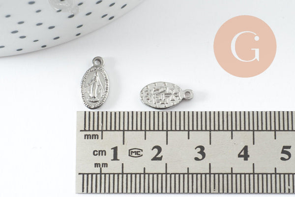 Pendentif médaille vierge ovale acier 304 inoxydable platine 12.5mm, médaille miraculeuse x2 (G9992)