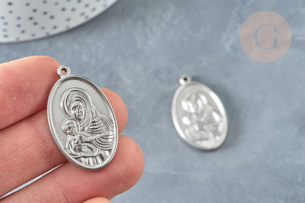 Pendentif médaille vierge ovale acier 304 inoxydable platine 34mm, x1 (G8321)