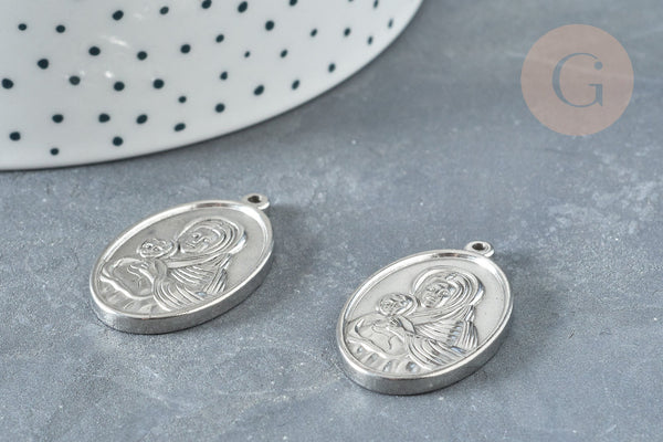 Pendentif médaille vierge ovale acier 304 inoxydable platine 34mm, x1 (G8321)