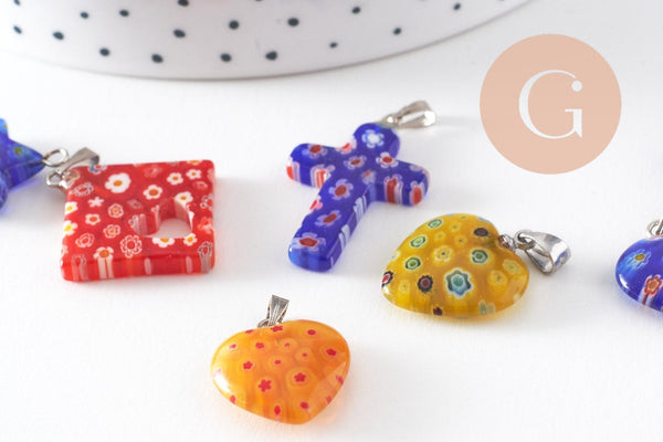 Pendentif millefiori verre murano 15-43mm, pendentif verre artisanal forme variée, x2 (G1130)