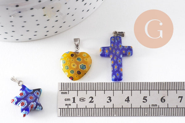 Pendentif millefiori verre murano 15-43mm, pendentif verre artisanal forme variée, x2 (G1130)
