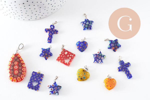 Pendentif millefiori verre murano 15-43mm, pendentif verre artisanal forme variée, x2 (G1130)