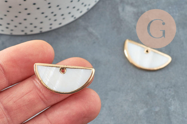 Pendentif nacre blanche naturelle doré demi-cercle,pendentif rond nacre,coquillage blanc, 30mm, x2 G2716
