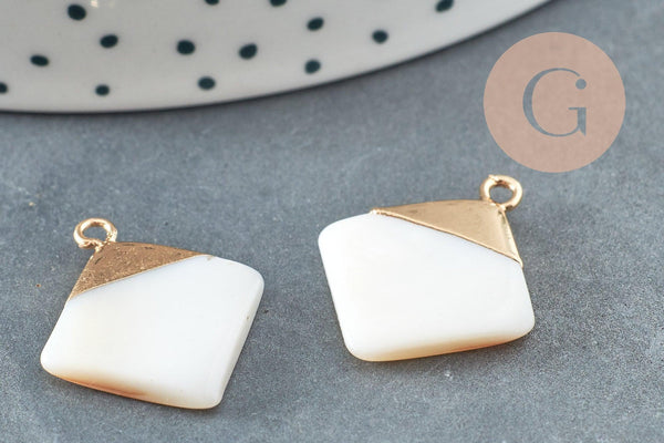 Pendentif nacre blanche naturelle doré losange,pendentif losange nacre,coquillage blanc, 23mm, x2 G2999
