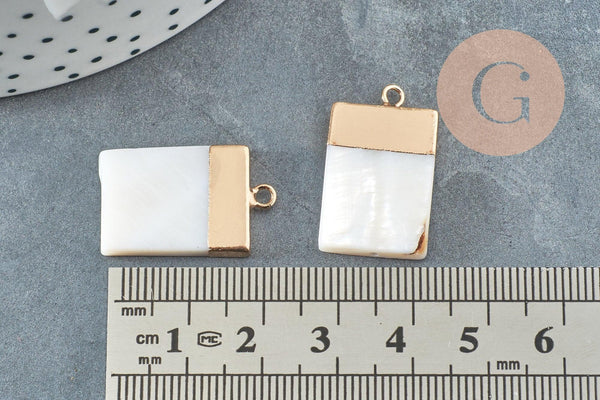 Pendentif nacre blanche naturelle doré rectangle 24mm,pendentif rond nacre,coquillage blanc, x2 G2579