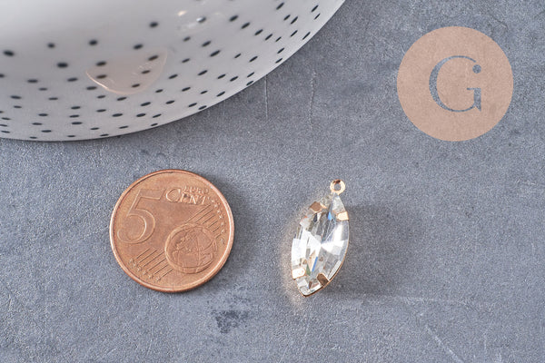 Pendentif navette cristal,pendentif cristal, pendentif doré,cristal blanc,création bijoux,marquise dorée,21mm-G1095