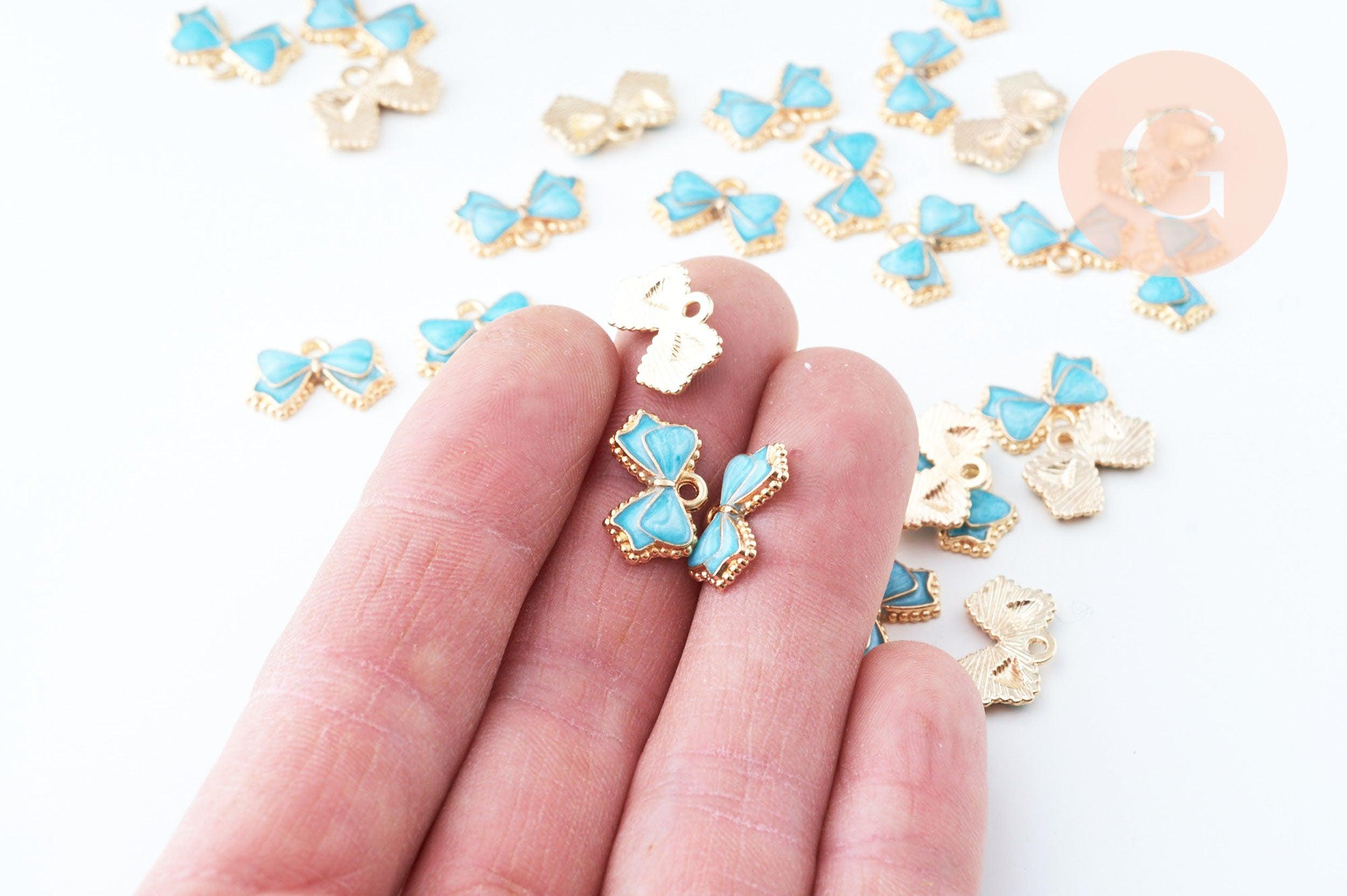 Pendentif noeud doré émail bleu 10mm,pendentif doré pour création de bijoux, x5 (G6098)