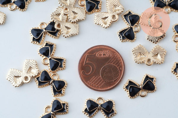 Pendentif noeud doré émail noir 10mm,pendentif doré pour création de bijoux, x5 (G6102)