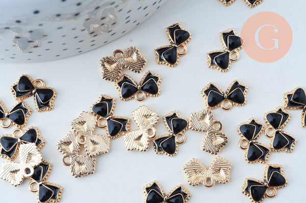 Pendentif noeud doré émail noir 10mm,pendentif doré pour création de bijoux, x5 (G6102)