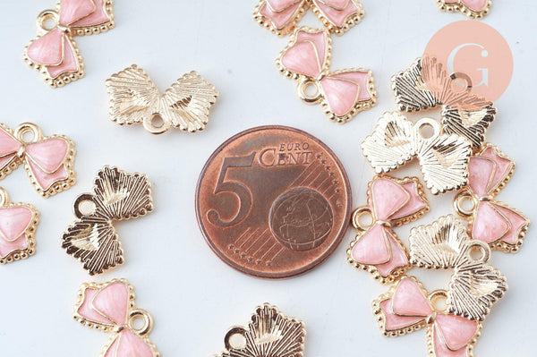 Pendentif noeud doré émail rose 10mm,pendentif doré pour création de bijoux x5 (G6097)
