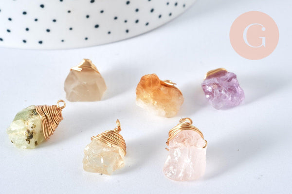 Pendentif nuggets pierres naturelles support doré 18K - 20.5-27mm, pendentif bijoux pierre naturelle, x1 (G7108)