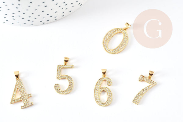 Pendentif numéro laiton doré 14K cristal blanc 23mm, x1 (G4803)