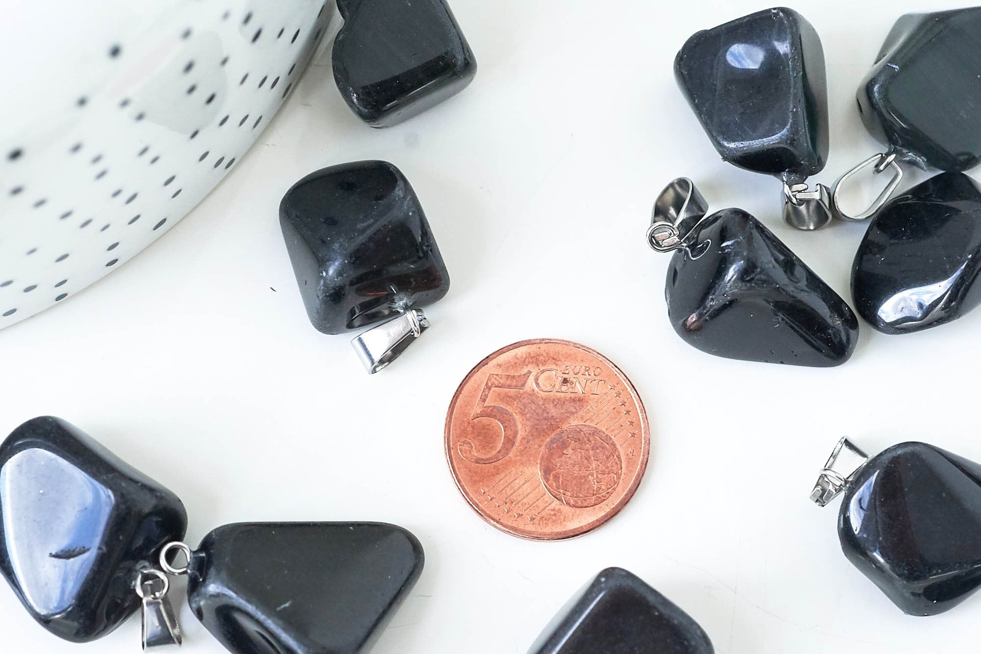 Pendentif obsidienne naturelle roulée acier inoxydable platine 15-35mm, x1 (G5558)