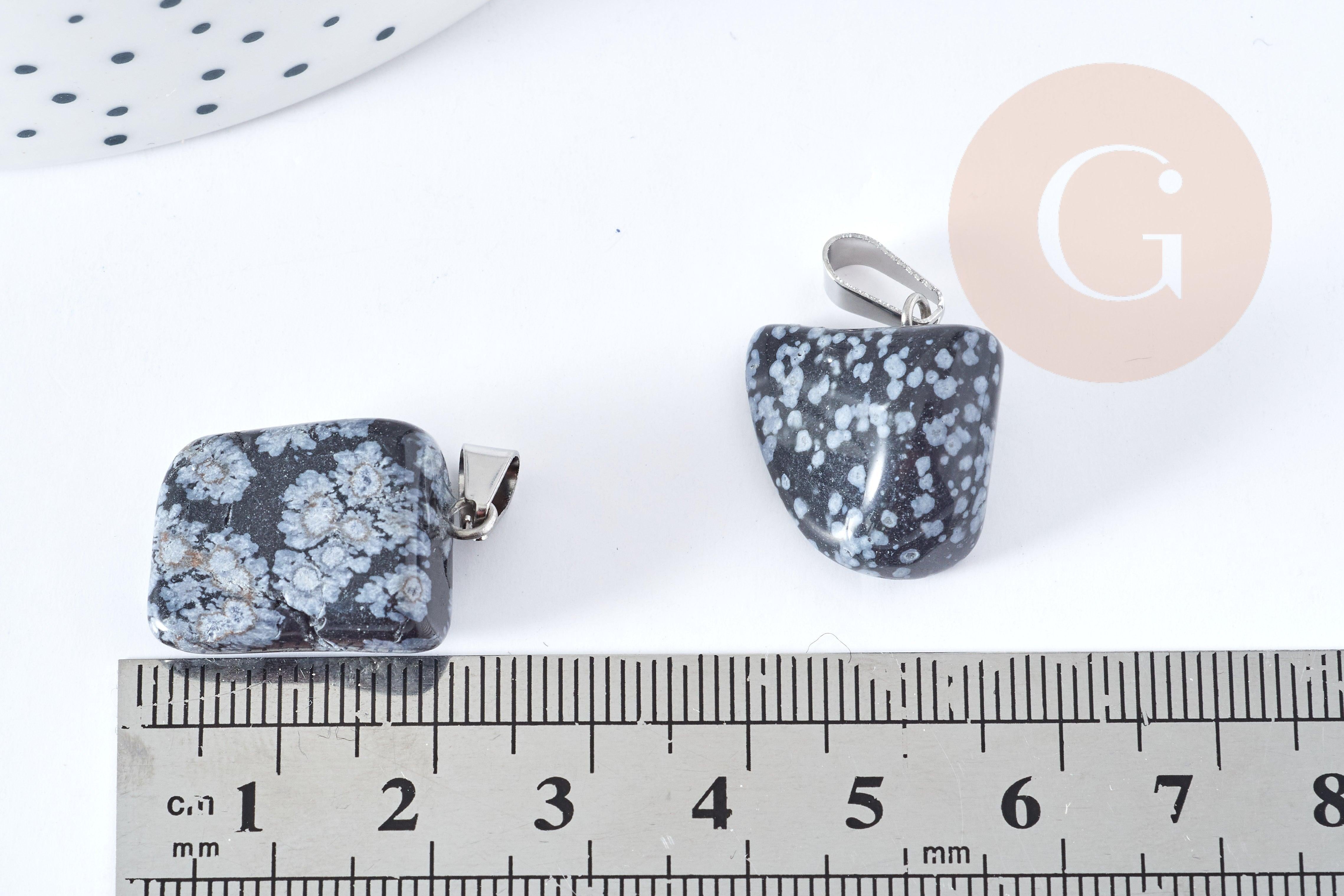 Pendentif obsidienne neige noire roulée acier inoxydable platine 15-35mm, x1 (G8634)