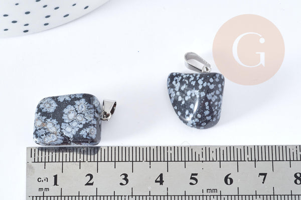 Pendentif obsidienne neige noire roulée acier inoxydable platine 15-35mm, x1 (G8634)
