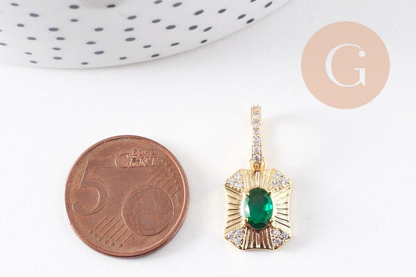 Pendentif octogone zircon blanc et vert laiton doré 18K 25mm, x1 (G10081)