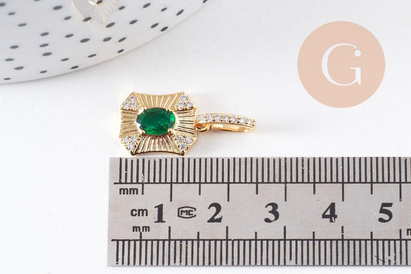 Pendentif octogone zircon blanc et vert laiton doré 18K 25mm, x1 (G10081)