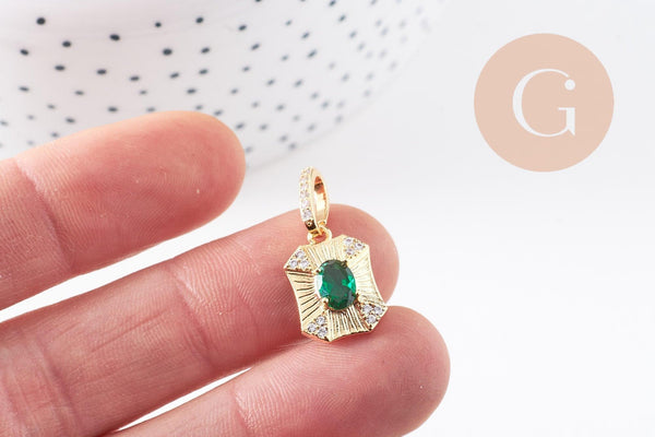 Pendentif octogone zircon blanc et vert laiton doré 18K 25mm, x1 (G10081)