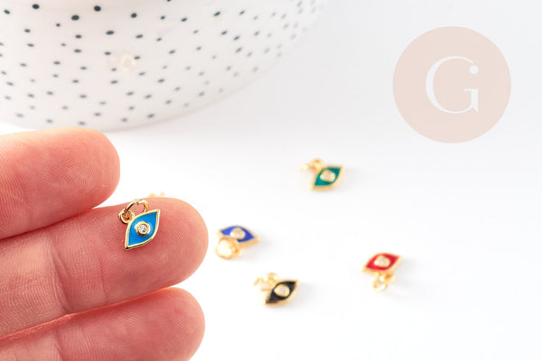 Pendentif œil doré cristal zircon émail coloré,pendentif doré,porte-bonheur,laiton doré, Pendentif œil,10mm, x2 G1818