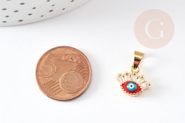 Pendentif oeil doré cristal zircon émaillé, pendentif doré, porte-bonheur,laiton doré,mauvais oeil,,12x13mm, x1 G3166