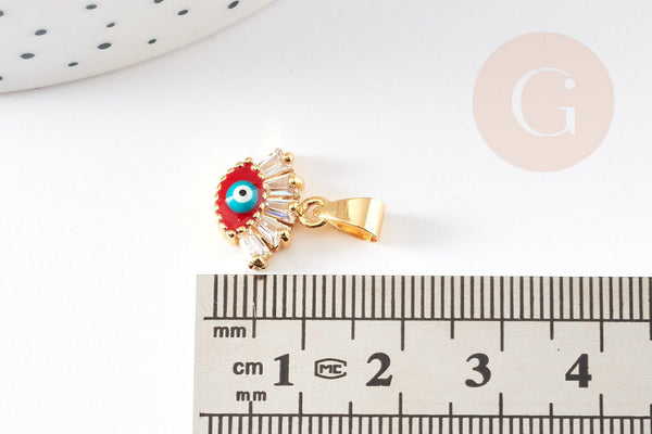 Pendentif oeil doré cristal zircon émaillé, pendentif doré, porte-bonheur,laiton doré,mauvais oeil,,12x13mm, x1 G3166