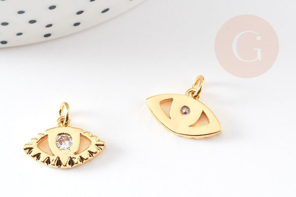 Pendentif oeil doré cristal zircon,pendentif doré, porte-bonheur,laiton doré,mauvais oeil,création bijoux,16.5mm, x1 G0445