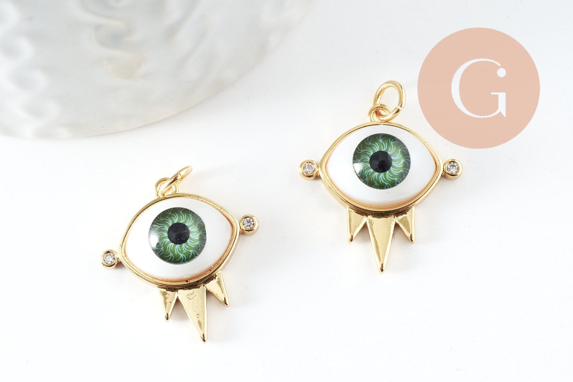 Pendentif oeil résine laiton doré 20K 21mm, x1 (G6198)