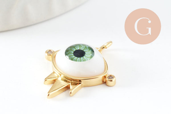 Pendentif oeil résine laiton doré 20K, création bijou doré laiton doré, bijou oeil, 21mm, x1 (G6198)