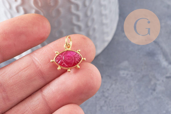 Pendentif oeil rubis naturel argent 925 doré 18K 15mm, x1 (G9869)