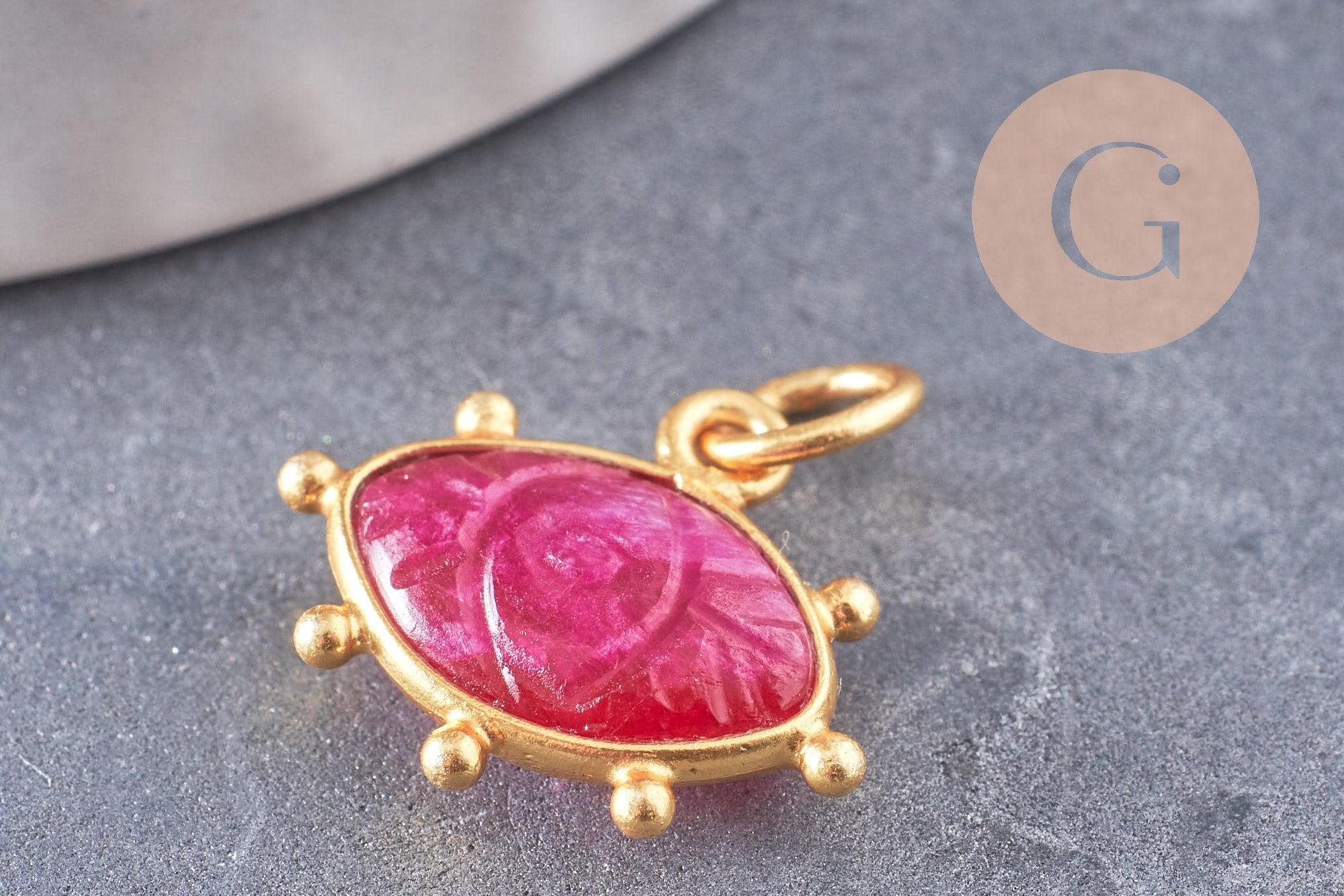 Pendentif oeil rubis naturel argent 925 doré 18K 15mm, x1 (G9869)