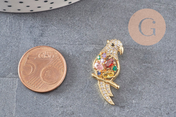 Pendentif oiseau Perroquet laiton doré 16k cristal 29mm,sans nickel,cadeau anniversaire,pendentif animal, Pendentif zircon, x1 (G6677)