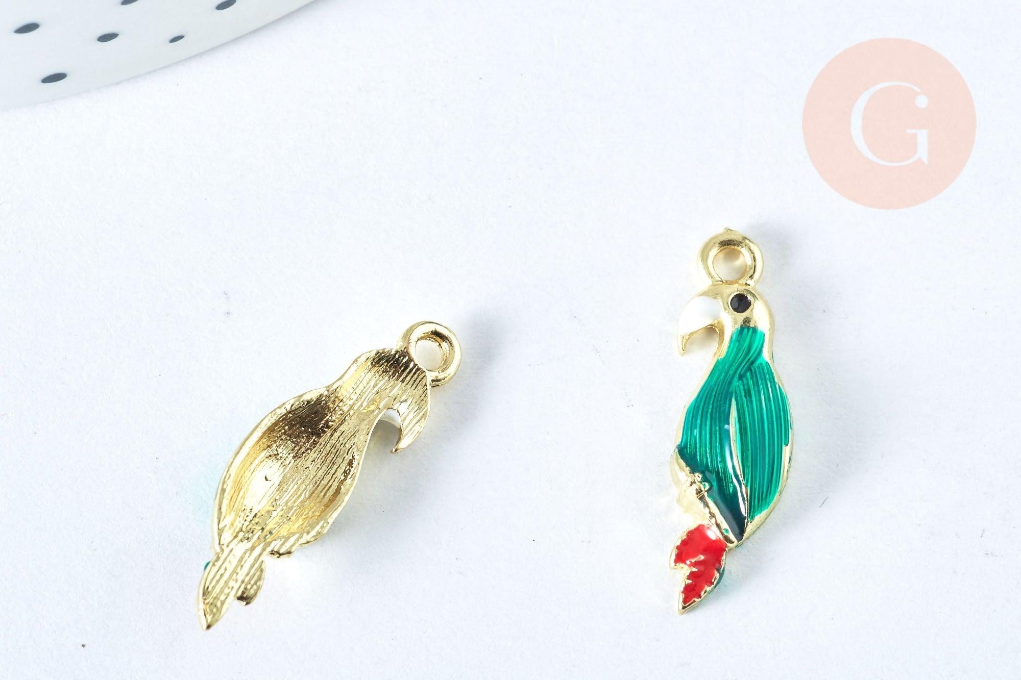 Pendentif oiseau Perroquet laiton doré 16k émail coloré25,5mm,pendentif animal création bijoux DIY, x1 G6987