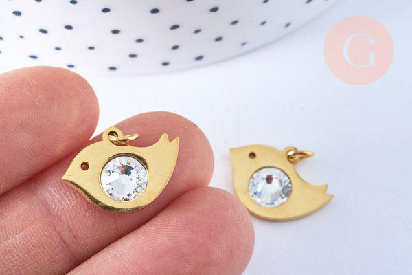 Pendentif oiseau acier 201 inoxydable doré 18K zircon 14mm,acier inoxydable doré pour création bijoux, x1 (G6647)