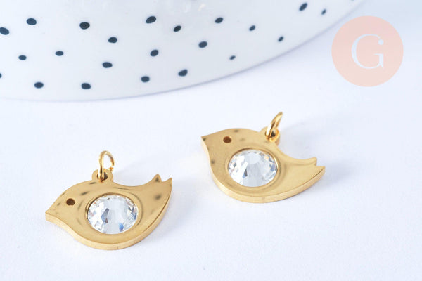 Pendentif oiseau acier 201 inoxydable doré 18K zircon 14mm,acier inoxydable doré pour création bijoux, x1 (G6647)