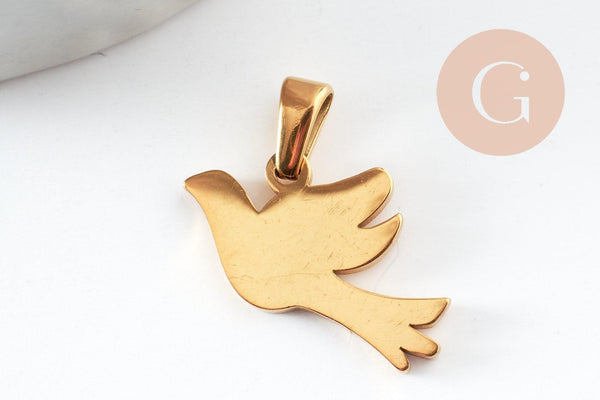 Pendentif oiseau colombe acier 304 inoxydable doré PVD 16.5mm, x1 (G9577)