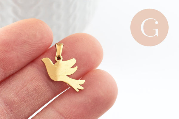 Pendentif oiseau colombe acier 304 inoxydable doré PVD 16.5mm, x1 (G9577)