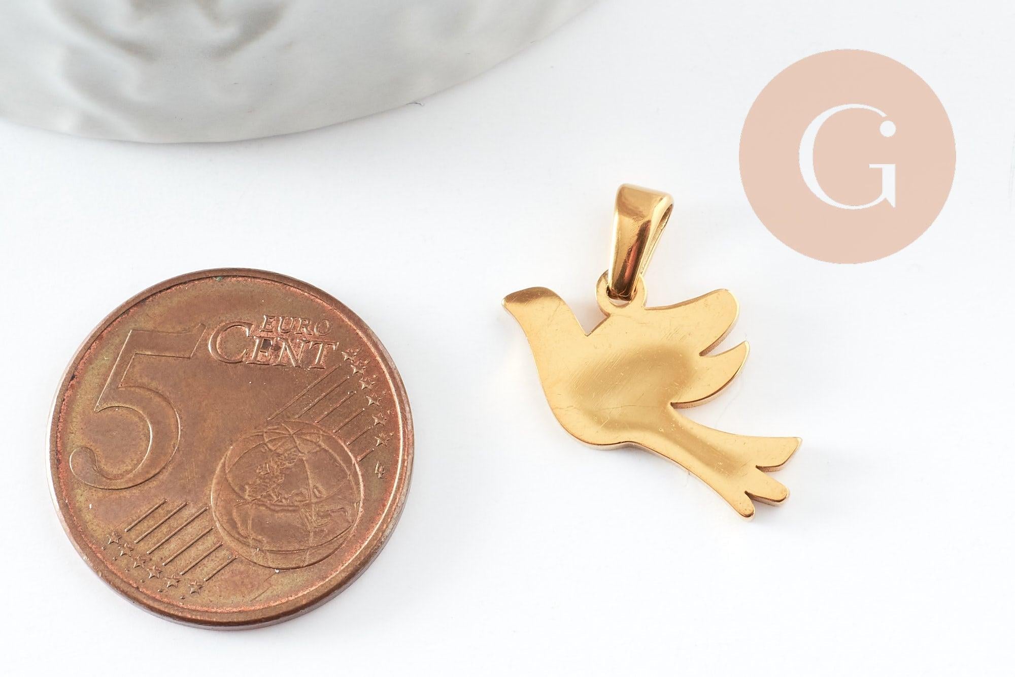 Pendentif oiseau colombe acier 304 inoxydable doré PVD 16.5mm, x1 (G9577)