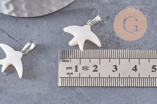 Pendentif oiseau hirondelle nacre blanche naturelle laiton platine 21.5mm, création bijoux coquillage blanc, x1 (G9913)