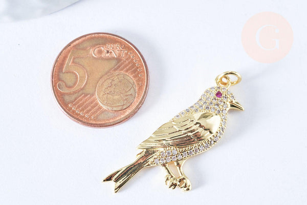 Pendentif oiseau laiton doré 16k cristal 36mm x1 (G6675)