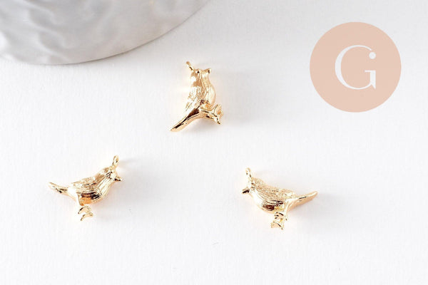 Pendentif oiseau laiton doré 18K 12.5mm, pendentif doré 18K création bijou animal, x2 (G10046)