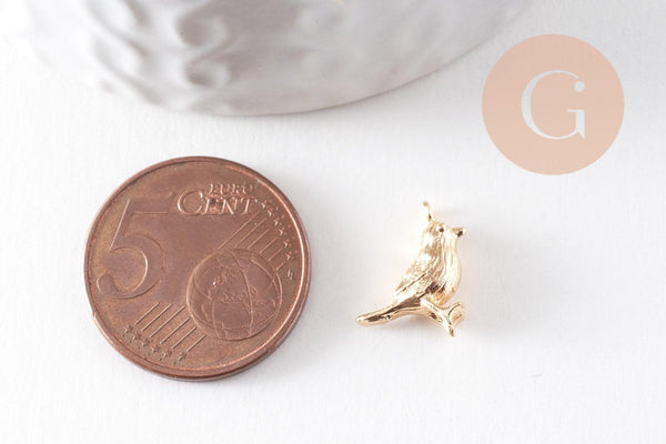 Pendentif oiseau laiton doré 18K 12.5mm, pendentif doré 18K création bijou animal, x2 (G10046)