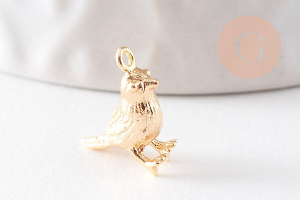Pendentif oiseau laiton doré 18K 12.5mm, pendentif doré 18K création bijou animal, x2 (G10046)