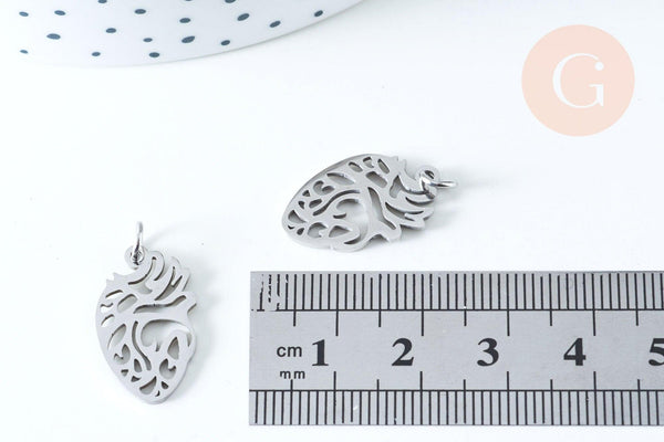 Pendentif organe coeur évidé en acier argenté 20mm, acier inoxydable,pendentif sans nickel, création bijoux, x1 G6349