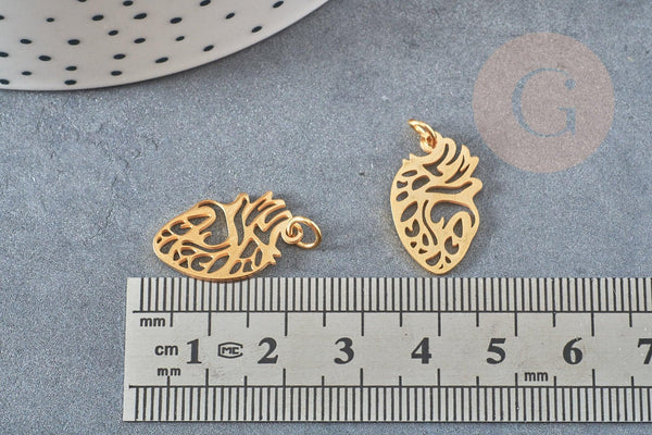 Pendentif organe coeur évidé en acier doré 20mm, breloque doré, acier inoxydable doré, pendentif sans nickel, x1 G7784