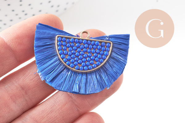 Pendentif osier raphia bleu naturel, perle bois,perle osier, Perles géométriques,47mm, x 2 (G3521)
