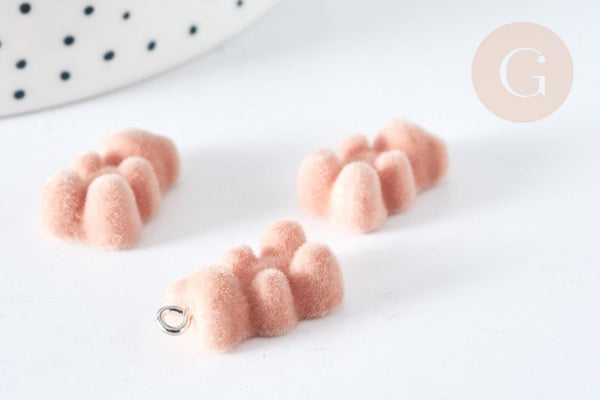 Pendentif ourson floqué velours beige résine platine 22mm, pendentif enfance régressif,x2 (G8129)