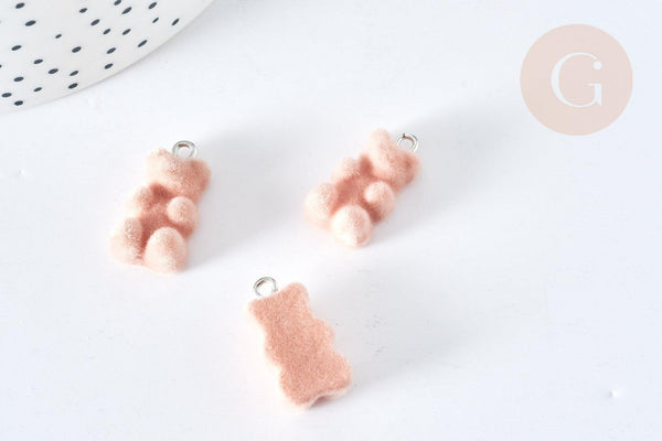 Pendentif ourson floqué velours beige résine platine 22mm, pendentif enfance régressif,x2 (G8129)