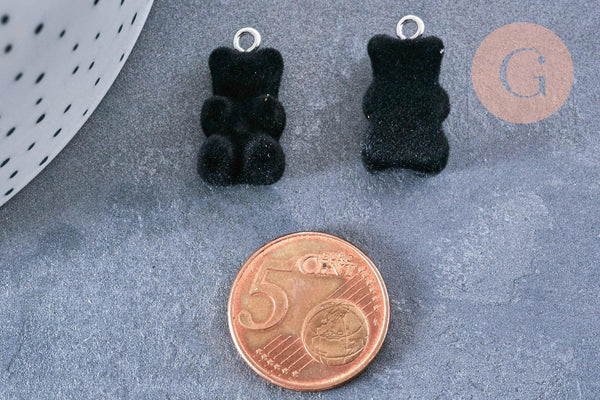 Pendentif ourson floqué velours noir résine platine, pendentif enfance, x2 (G6644)